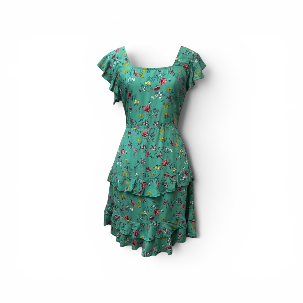 Lottie & Holly BOG Green Pink Floral Tiered Ruffle Short Sleeve Mini Dress Large